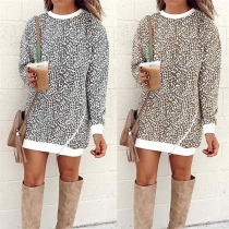 Fashion Long Sleeve Round Neck Leopard Printed Sweatshirt Dress