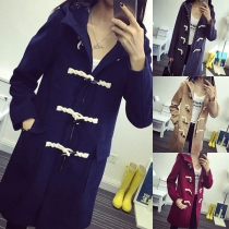 Fashion Solid Color Long Sleeve Hooded Horn Button Coat 