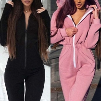 Fashion Solid Color Long Sleeve High Waist Hooded Jumpsuit 