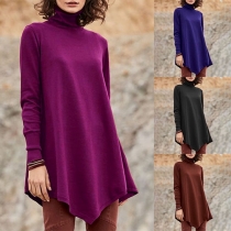 Fashion Solid Color Long Sleve High Collar Irregular Hem Top 