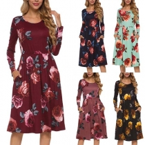 Fashion Long Sleeve Round Neck Front-pocket Printed Dress