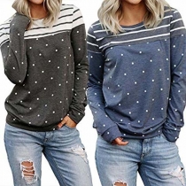 Fashion Striped Spliced Long Sleeve Round Neck Dots Printed Sweatshirt