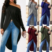 Sexy Oblique Shoulder Long Sleeve Irregular Hem Top