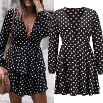 Sexy Deep V-neck Ruffle Hem Long Sleeve Dots Printed Dress