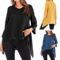 Fashion Solid Color Long Sleeve V-neck Irregular Hem T-shirt