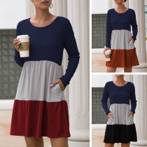 Fashion Contrast Color Long Sleeve Round Neck Dress