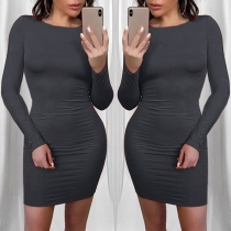 Simple Style Long Sleeve Round Neck Solid Color Slim Fit Dress