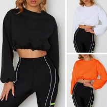 Fashion Lantern Sleeve Round Neck Solid Color Crop Top 