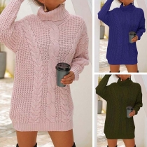 Fashion Solid Color Long Sleeve Turtleneck Sweater Dress