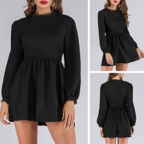 Fashion Lace Spliced Long Sleeve Round Neck Solid Color Romper