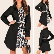 Fashion Leopard Spliced Long Sleeve POLO Collar Shirt Dress