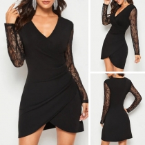 Sexy Lace Spliced Long Sleeve V-neck Irregular Hem Dress