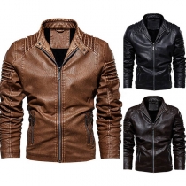 Fashion Solid Color Long Sleeve Stand Collar Man's PU Leather Coat 