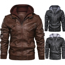 Fashion Long Sleeve Hooded Man's PU Leather Jacket