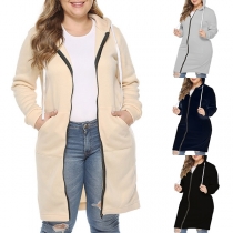 Fashion Solid Color Long-style Hooded Sweatshirt Coat 