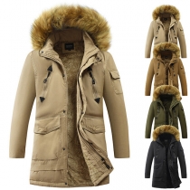 Fashion Artificial Fur Spliced Hooded Plush Lined Long Sleeve Jacket for Men