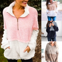 Fashion Contrast Color Long Sleeve Stand Collar Plush Sweatshirt 