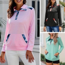 Fashion Long Sleeve POLO Collar Plaid Spliced Sweatshirt 