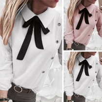Sweet Style Long Sleeve Bow-knot Collar Solid Color Blouse (It falls small)