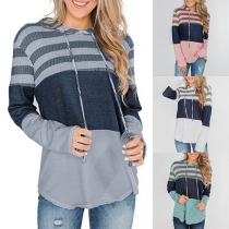 Fashion Contrast Color Long Sleeve Striped Spliced Hoodie