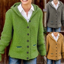 Fashion Solid Color Long Sleeve Hooded Sweater Cardigan