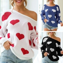 Sexy Backless Long Sleeve Round Neck Heart Printed Knit Top