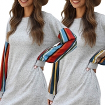 Fashion Colorful Striped Spliced Long Sleeve Round Neck Dress