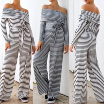 Sexy Off-shoulder Boat Neck Long Sleeve High Waist Striped Jumpsuit(It falls large)