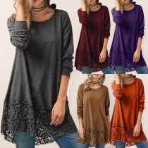 Fashion Solid Color Long Sleeve Hooded Lace Spliced Top