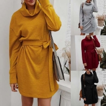 Fashion Solid Color Long Sleeve Cowl Neck Dress with Waist Strap 