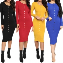 Fashion Solid Color Long Sleeve Round Neck Front-button Slim Fit Dress