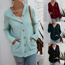 Fashion Solid Color Long Sleeve Hooded Knit Cardigan 
