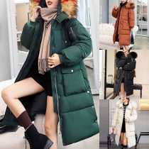 Fashion Solid Color Faux Fur Spliced Hooded Big Pocket Padded Coat 