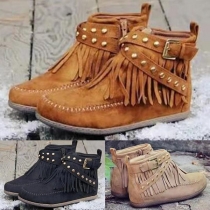 Retro Style Flat Heel Round Toe Tassel Rivets Ankle Boots Booties