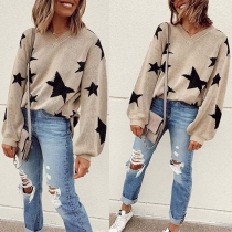 Fashion Long Sleeve V-neck Star Pattern Knit Top
