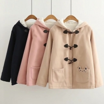 Cute Style Cat Embroidery Long Sleeve Hooded Horn Button Coat 