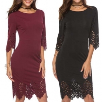 Elegant Solid Color Lace Spliced 3/4 Sleeve Slim Fit Dress