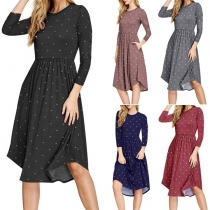 Fashion 3/4 Sleeve Round Neck Dots Printed Dress