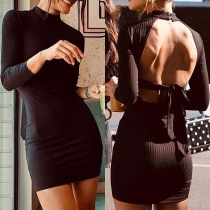 Sexy Backless Long Sleeve Round Neck Solid Color Slim Fit Dress