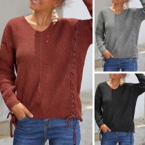 Fashion Solid Color Long Sleeve V-nenck Lace-up Sweater 
