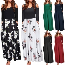 Sexy Off-shoulder Long Sleeve Printed Spliced Dress