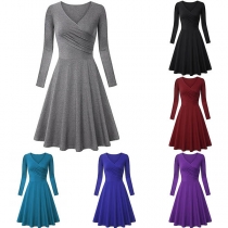 Elegant Solid Color Long Sleeve V-neck Dress