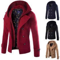 Fashion Solid Color Knit Spliced Hooded Double-breasted Man's Coat 