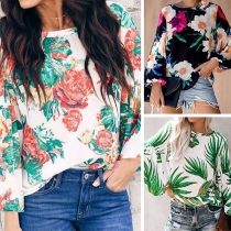 Fashion Lantern Sleeve Round Neck Printed T-shirt