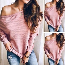 Sexy Oblique Shoulder Long Sleeve Solid Color T-shirt 