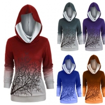 Fashion Color Gradient Tree-branch Printed Hooded Sweatshirt 