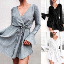 Sexy V-neck Trumpet Sleeve Drawstring Waist Dress