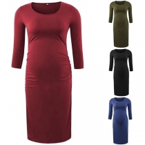 Fashion Solid Color Long Sleeve Round Neck Maternity Dress