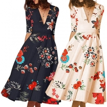 Sexy V-neck Half Sleeve High Waist Printed Dress