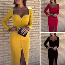 Sexy Square Collar Slit Hem Long Sleeve Solid Color Dress
